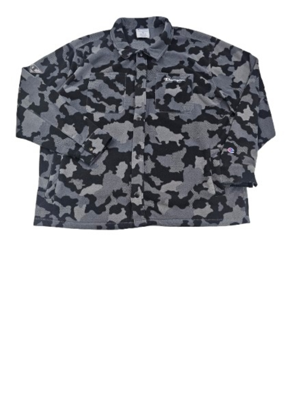 Champion Athleticwear‎ Camo Fleece Jacket Men's 2XL Grey Black Snap Shacket Logo